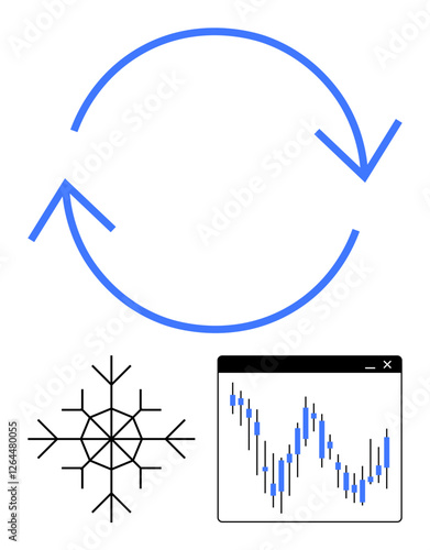Two refresh arrows encircle, a snowflake, and a stock market chart with fluctuating lines. Ideal for finance, seasons, market trends, weather impact, data analysis, volatility cycle representation