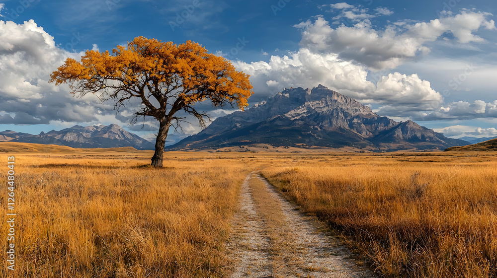 Autumnal tree, mountain path, scenic landscape, fall foliage Autumnal tree, mountain path, scenic landscape, fall foliage