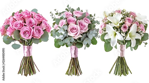 Three Pink Rose Bridal Bouquet Arrangements on White Background photo