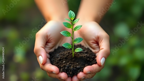 A close-up shot of two hands gently holding a small plant growing from soil. The hands are cupped, creating a nurturing and protective gesture. The background is blurred