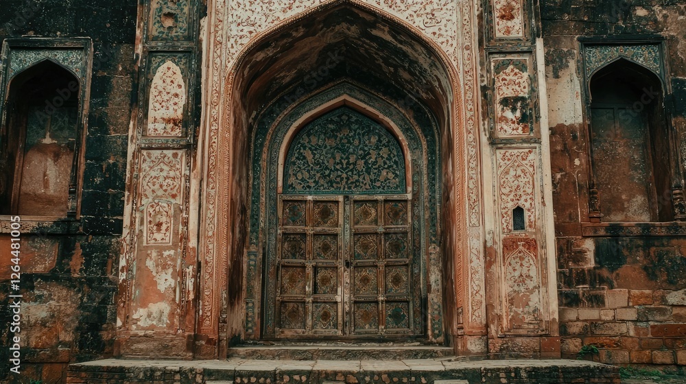 Ancient ornate entrance with intricate carvings and weathered wood, surrounded by historical architecture