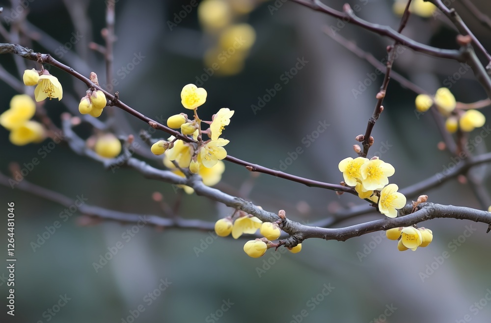 Delicate Yellow Blossoms Blooming on Branches in a Soft Winter Landscape
Delicate Yellow Blossoms Blooming on Branches in a Soft Winter Landscape