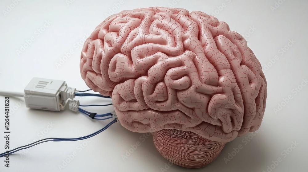 Realistic model of a human brain connected to a device, showcasing neural connections and technology