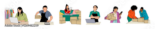 Set of Digital Business scene vector colored outline illustrations isolated on white background. Men, women, small business owners preparing, packaging orders from their online ecommerce store.