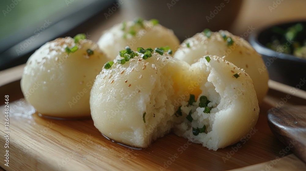 A close-up of freshly steamed with a soft, fluffy texture and a bite taken out to reveal the delicious filling, placed on a wooden serving board. A close-up of freshly steamed with a soft, fluffy texture and a bite taken out to reveal the delicious filling, placed on a wooden serving board.