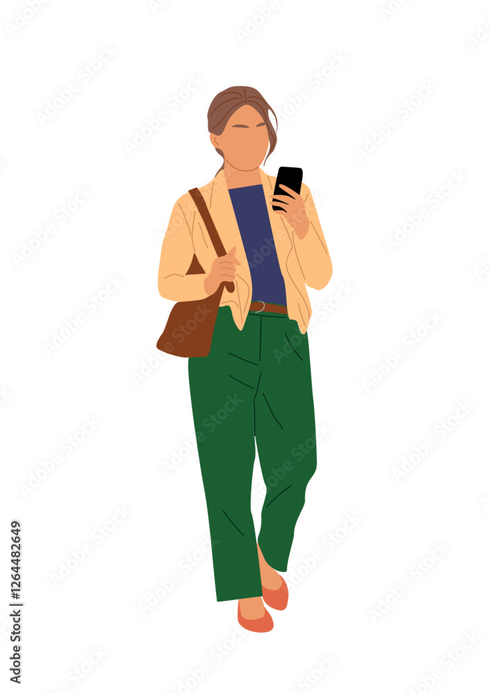 Business woman using mobile phone. Pretty girl in casual clothes walking with smartphone, texting, chatting, reading message. Female character vector illustration isolated on transparent background.