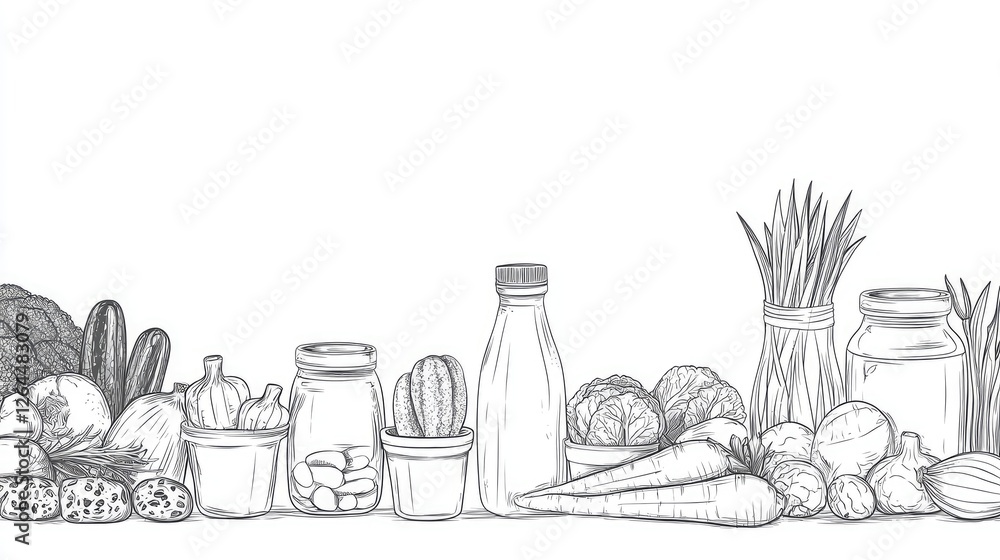 Hand-drawn illustration of various vegetables and jars arranged on a table, showcasing freshness