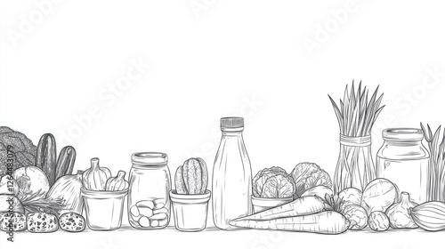 Obraz na płótnie Hand-drawn illustration of various vegetables and jars arranged on a table, showcasing freshness w salonie