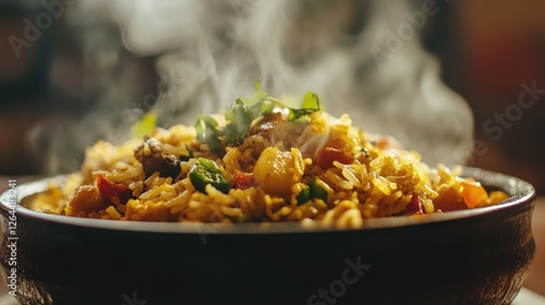 A close-up shot of steaming curry fried rice served in a bowl, showcasing the mix of colorful ingredients and aromatic spices in a cozy dining setting.