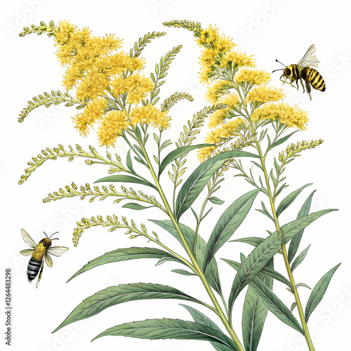 Detailed botanical illustration of a goldenrod bush a native North American flowering plant supporting bees and butterflies on a white background