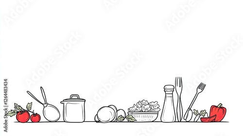 Fresh ingredients and kitchen tools arranged for a healthy cooking scene in a minimalist style