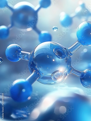 Stunning Blue Molecules Interacting in a Liquid Environment with Glowing Highlights

