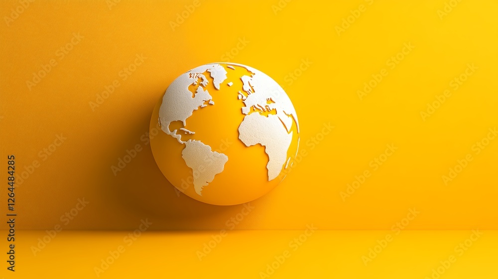 3D Globe Displaying White Continents on Bright Yellow Background Creating Energetic Atmosphere 3D Globe Displaying White Continents on Bright Yellow Background Creating Energetic Atmosphere