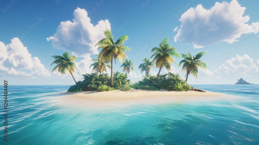 Tropical beach landscape with palm trees, golden sand and rocks in blue water under sky with fluffy clouds. Beautiful paradise seaside, island in ocean, game location, Cartoon 2d vector illustration Tropical beach landscape with palm trees, golden sand and rocks in blue water under sky with fluffy clouds. Beautiful paradise seaside, island in ocean, game location, Cartoon 2d vector illustration