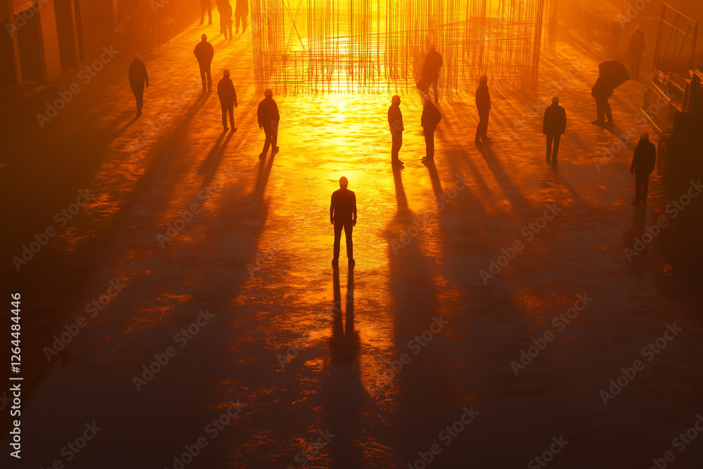 Fototapeta premium Silhouetted Figures at Sunset Construction Site