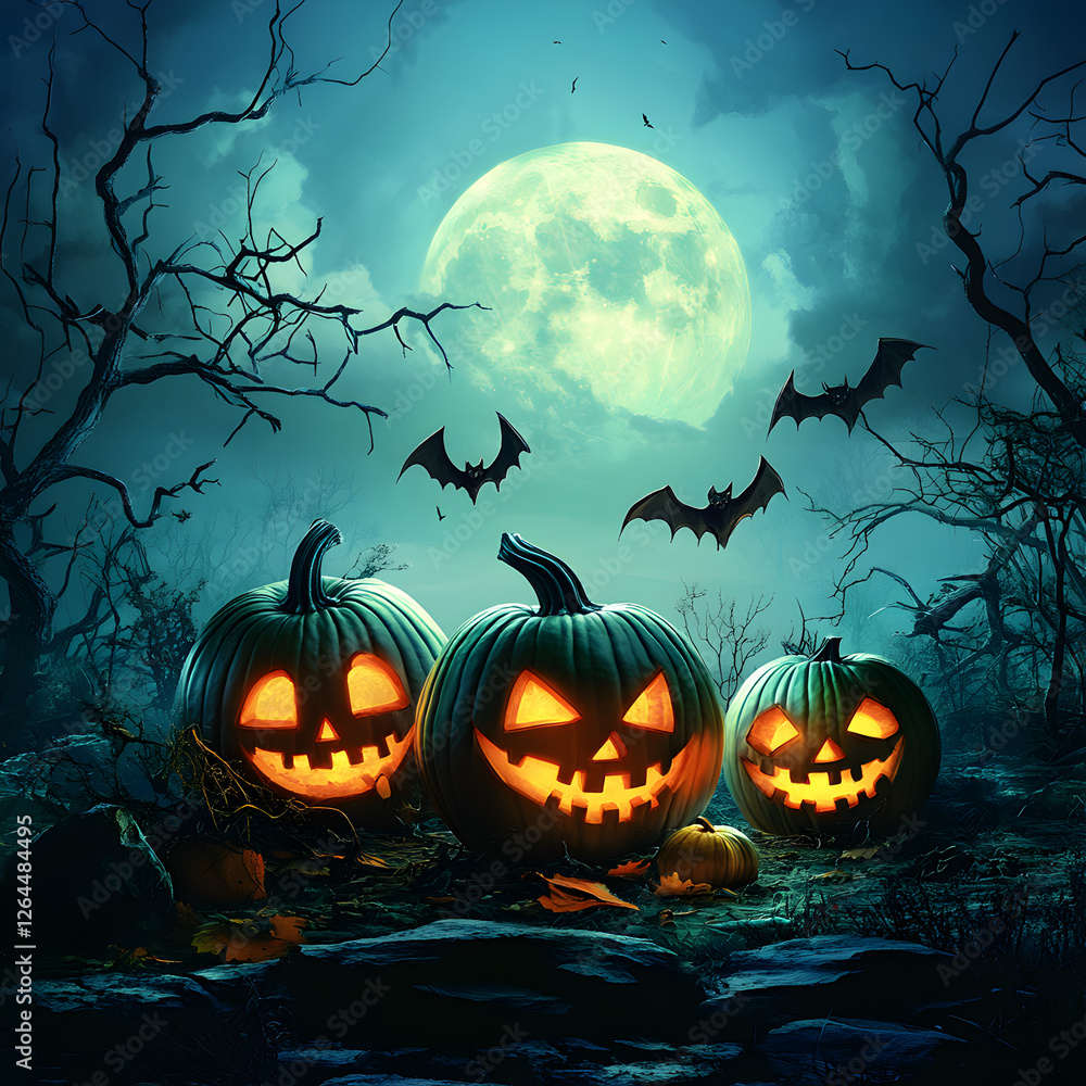 Enchanting Halloween Night: Illuminated jack-o'-lanterns glow under the mystical moonlight, and bats dancing in the eerie atmosphere, creating a captivating scene of Halloween's charm. Enchanting Halloween Night: Illuminated jack-o'-lanterns glow under the mystical moonlight, and bats dancing in the eerie atmosphere, creating a captivating scene of Halloween's charm.
