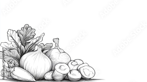 A detailed illustration of fresh vegetables including onions, mushrooms, and radishes on a white background