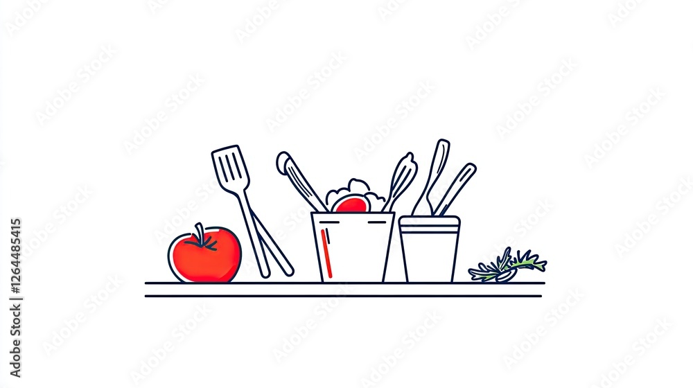 A colorful illustration of kitchen utensils and fresh ingredients arranged on a countertop