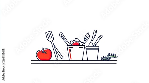 Obraz na płótnie A colorful illustration of kitchen utensils and fresh ingredients arranged on a countertop w salonie