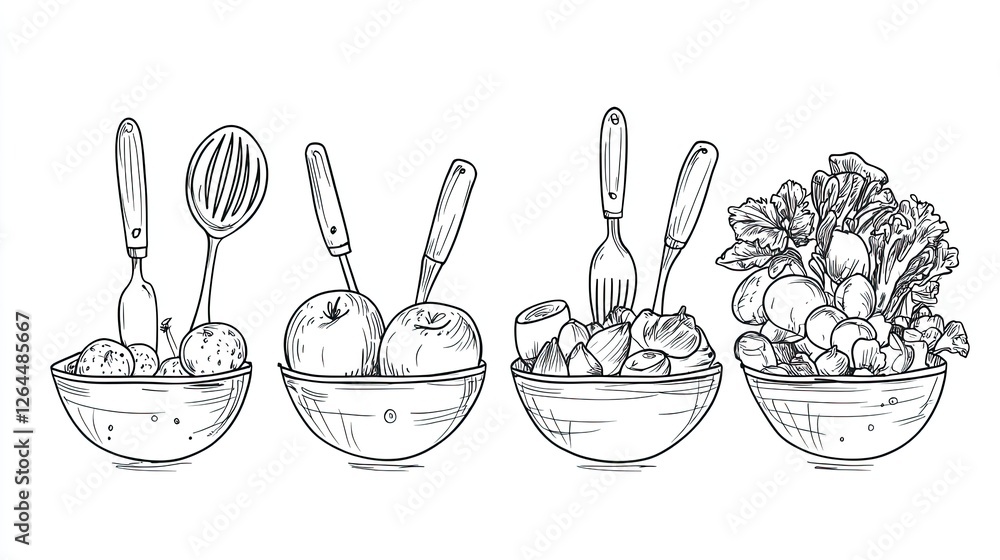 Collection of illustrated bowls with various fruits and vegetables, showcasing healthy eating