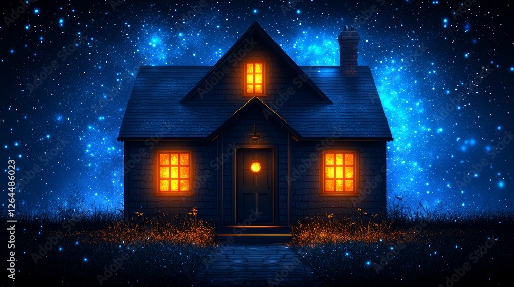 Fototapeta premium Enchanted Cottage Night Scene Cozy Winter Home Illuminated Under Starry Sky Magical Atmosphere
