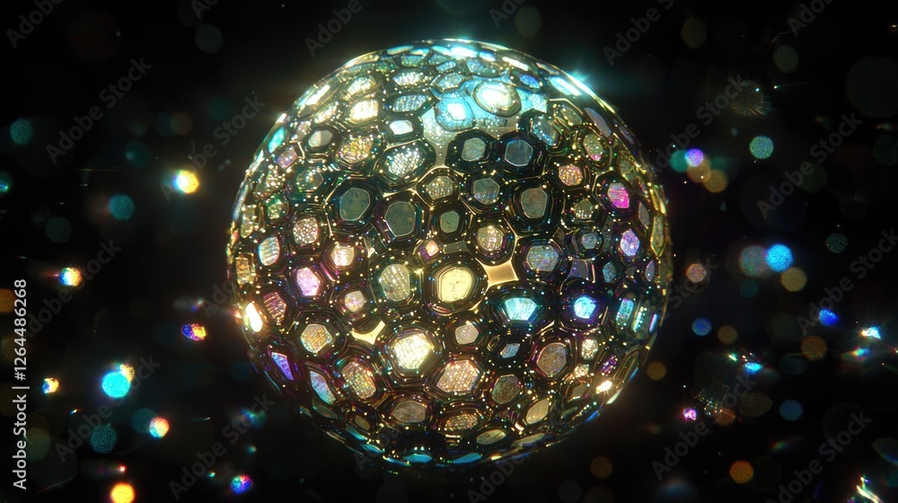 A mesmerizing, reflective orb made of colorful crystals floats amidst a starry background