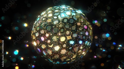 Obraz na płótnie A mesmerizing, reflective orb made of colorful crystals floats amidst a starry background w salonie