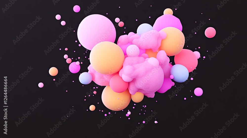 Colorful abstract composition of spheres and bubbles floating against a dark background