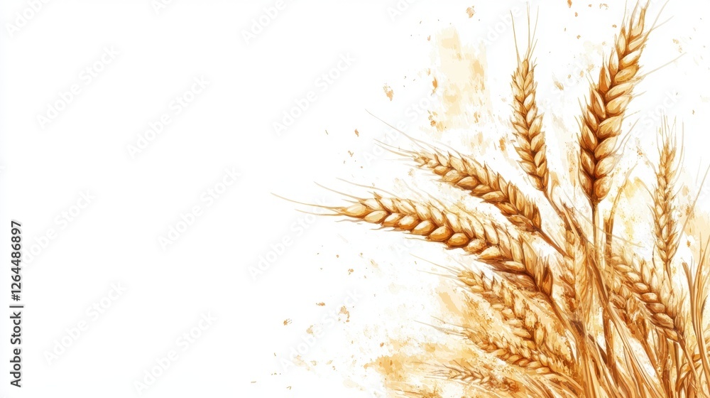 Fototapeta premium Golden wheat stalks, watercolor style, white background. Perfect for bakery, agriculture, harvest themes, adds a rustic, natural feel.