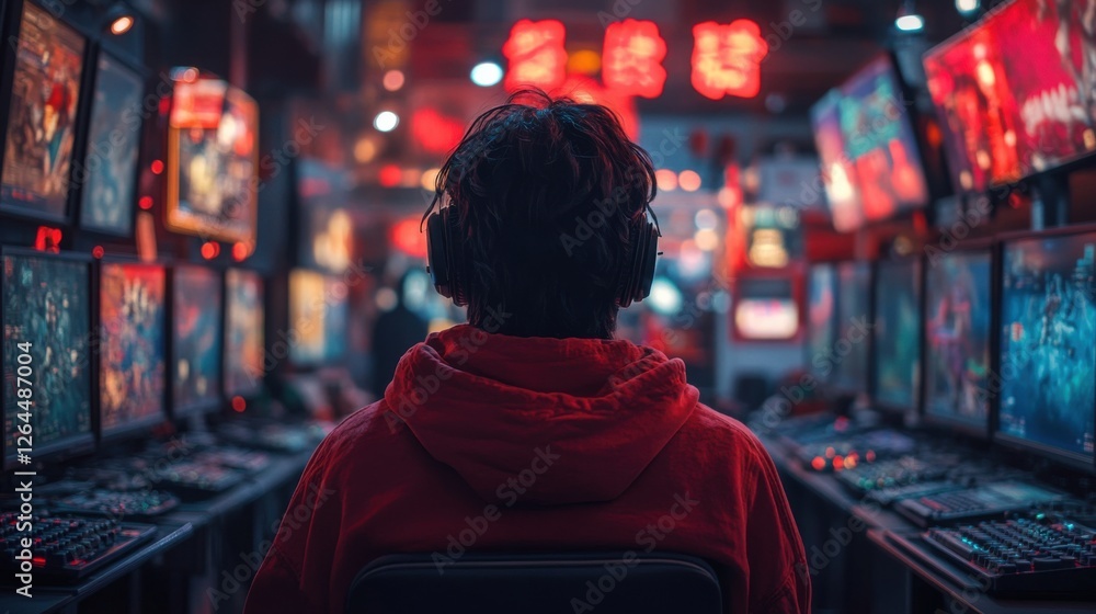 custom made wallpaper toronto digitalPerson in Red Hoodie Focused on Multiple Screens in a Neon Lit Gaming Arcade