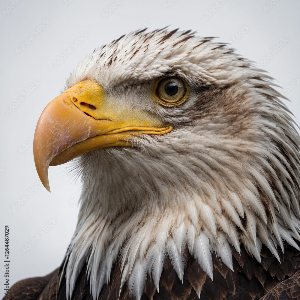 Naklejka premium A majestic bald eagle staring intensely, detailed feathers against a pure white background.