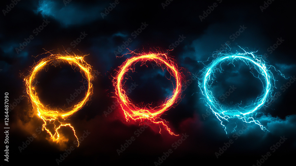 Fototapeta premium Round lightning frames set isolated on black background. Vector realistic illustration of circular thunder bolt borders glowing in neon colors, electric energy discharge effect, magic power strike