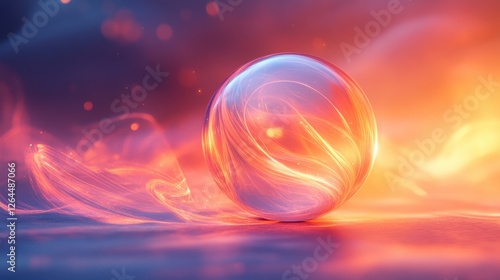 Abstract transparent glass sphere with swirling dynamic lines on a soft glowing background, 3D rendering illustration photo