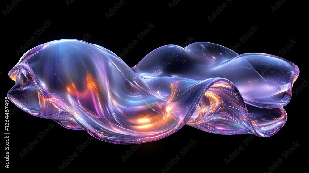 Abstract transparent glass droplet with refracted wavy lines on a high-definition background, 3D rendering illustration of futuristic abstract shape with holographic element. Abstract transparent glass droplet with refracted wavy lines on a high-definition background, 3D rendering illustration of futuristic abstract shape with holographic element.