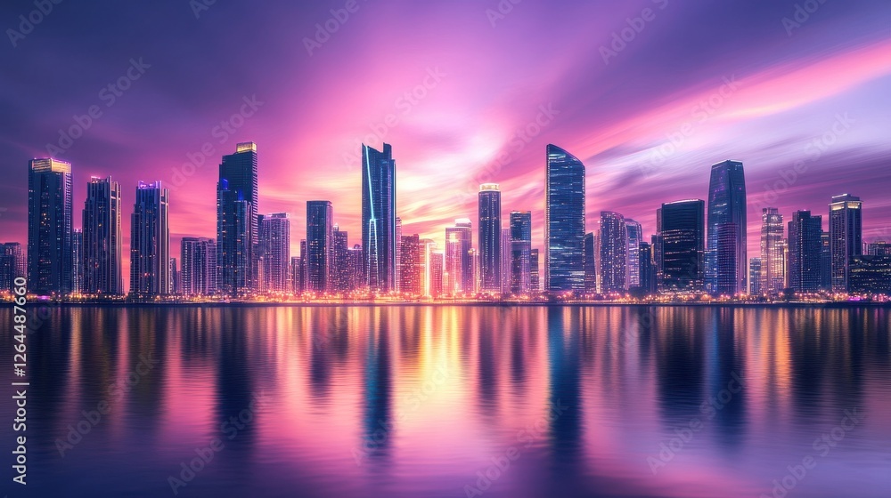 Fototapeta premium A mesmerizing futuristic cityscape with illuminated skyscrapers reflecting on a tranquil water surface, showcasing a vibrant sunset with pink and purple hues, symbolizing progress, innovation, and ur