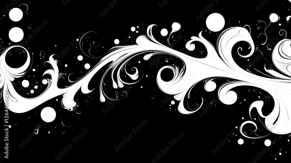 Elegant Black Backdrop with Flourishes and Spheres for Artistic Composition Elegant Black Backdrop with Flourishes and Spheres for Artistic Composition