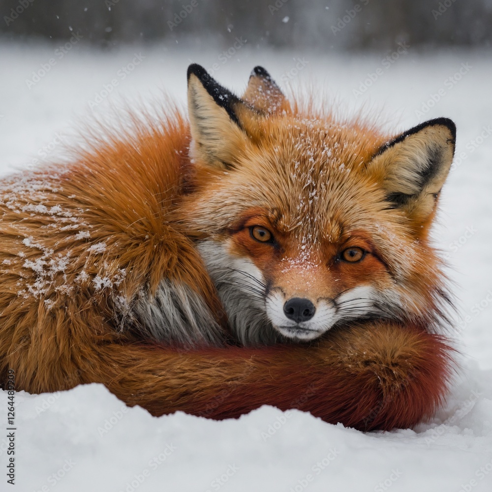 Obraz premium A strikingly beautiful red fox curled up with its tail wrapped around itself on a white surface.
