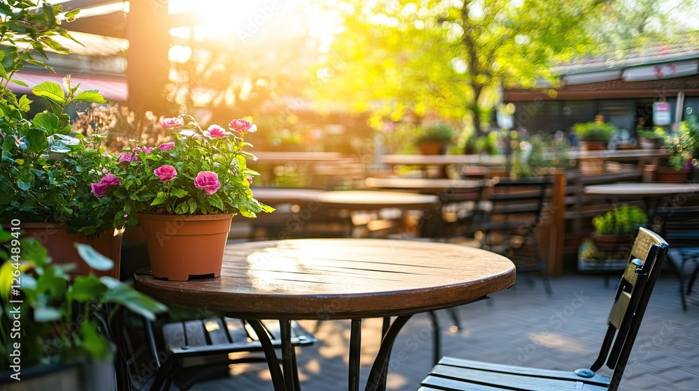 Obraz premium Morning caf patio with sunlight and potted plants