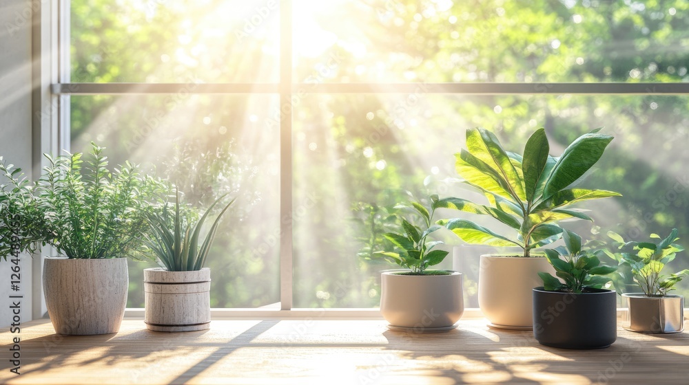 Fototapeta premium Morning caf patio with sunlight and potted plants