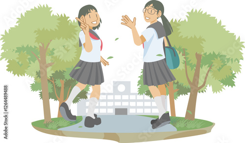 新緑の並木道を登校する女子生徒たち