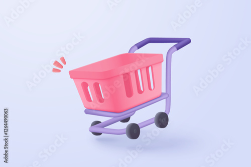 3D shopping cart with price tags for online shopping and digital marketing ideas. basket and promotional labels on purple background shopping bag buy sell discount 3d vector icon illustration