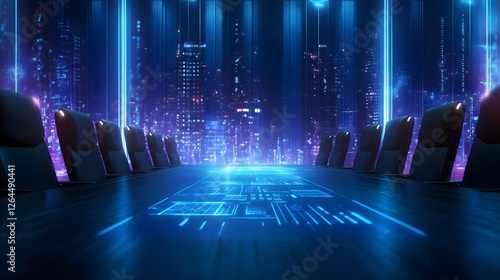 A futuristic boardroom with glowing blue lights and a digital interface, set against a vibrant city skyline.