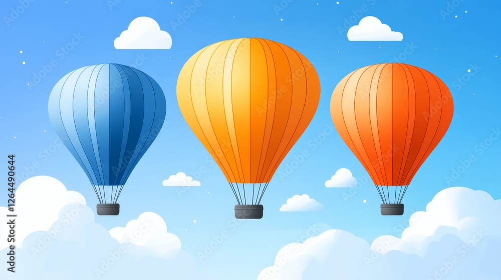 Fototapeta premium Three Colorful Hot Air Balloons Soaring Above Fluffy Clouds Sunny Day Adventure Travel