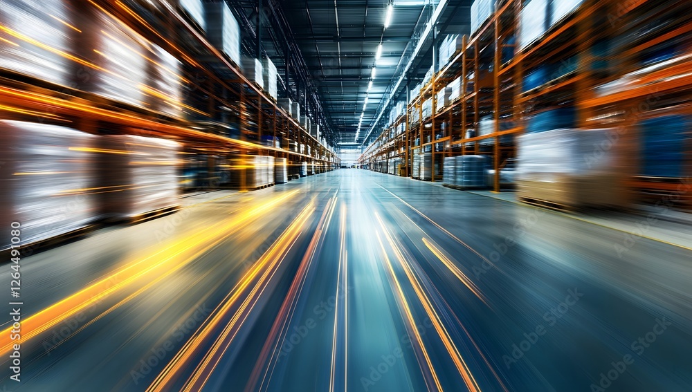 Warehouse interior, fast-paced movement, goods in motion, industrial speed Warehouse interior, fast-paced movement, goods in motion, industrial speed