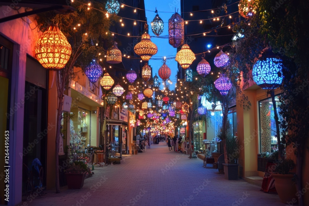 Fototapeta premium Magical Illuminated Street at Night with Colorful Lanterns