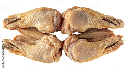 Four Raw Chicken Drumsticks: A close-up of four raw chicken drumsticks, arranged symmetrically, ready for cooking. The image captures the detail and texture of the uncooked meat. Perfect for recipes. photo