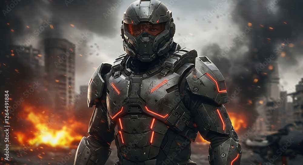 Fototapeta premium Futuristic Soldier Combat Armor Urban Battlefield Heavy Fire Tactical Gear Glowing Accents Generative Ai