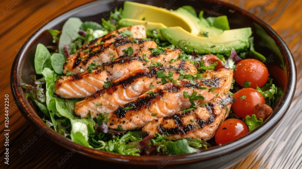 A vibrant image of a salmon salad bowl with mixed greens, avocado, and cherry tomatoes, topped with grilled salmon slices and a light vinaigrette. A vibrant image of a salmon salad bowl with mixed greens, avocado, and cherry tomatoes, topped with grilled salmon slices and a light vinaigrette.