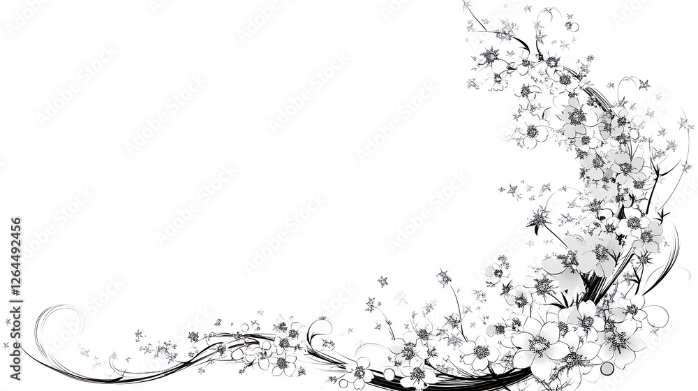 Fototapeta premium Elegant Floral Corner Design in White and Gray with Delicate Blossoms and Swirling Lines