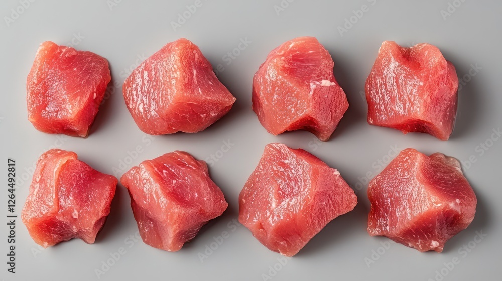 Diced Pork for Stir-fry: Eight pieces of fresh, pink diced pork, neatly arranged on a neutral gray background, ready for stir-frying or other culinary delights. Diced Pork for Stir-fry: Eight pieces of fresh, pink diced pork, neatly arranged on a neutral gray background, ready for stir-frying or other culinary delights.